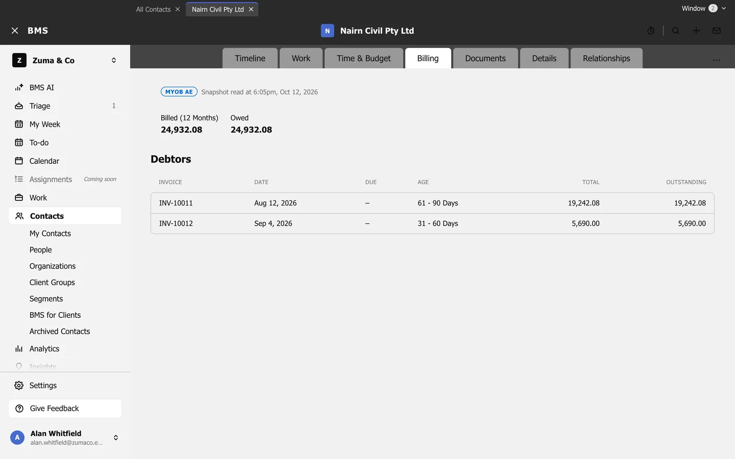 A contact's Billing tab with a MYOB AE pill and snapshot time, Billed (12 Months) and Owed, and a Debtors list of invoices with age and outstanding amounts.