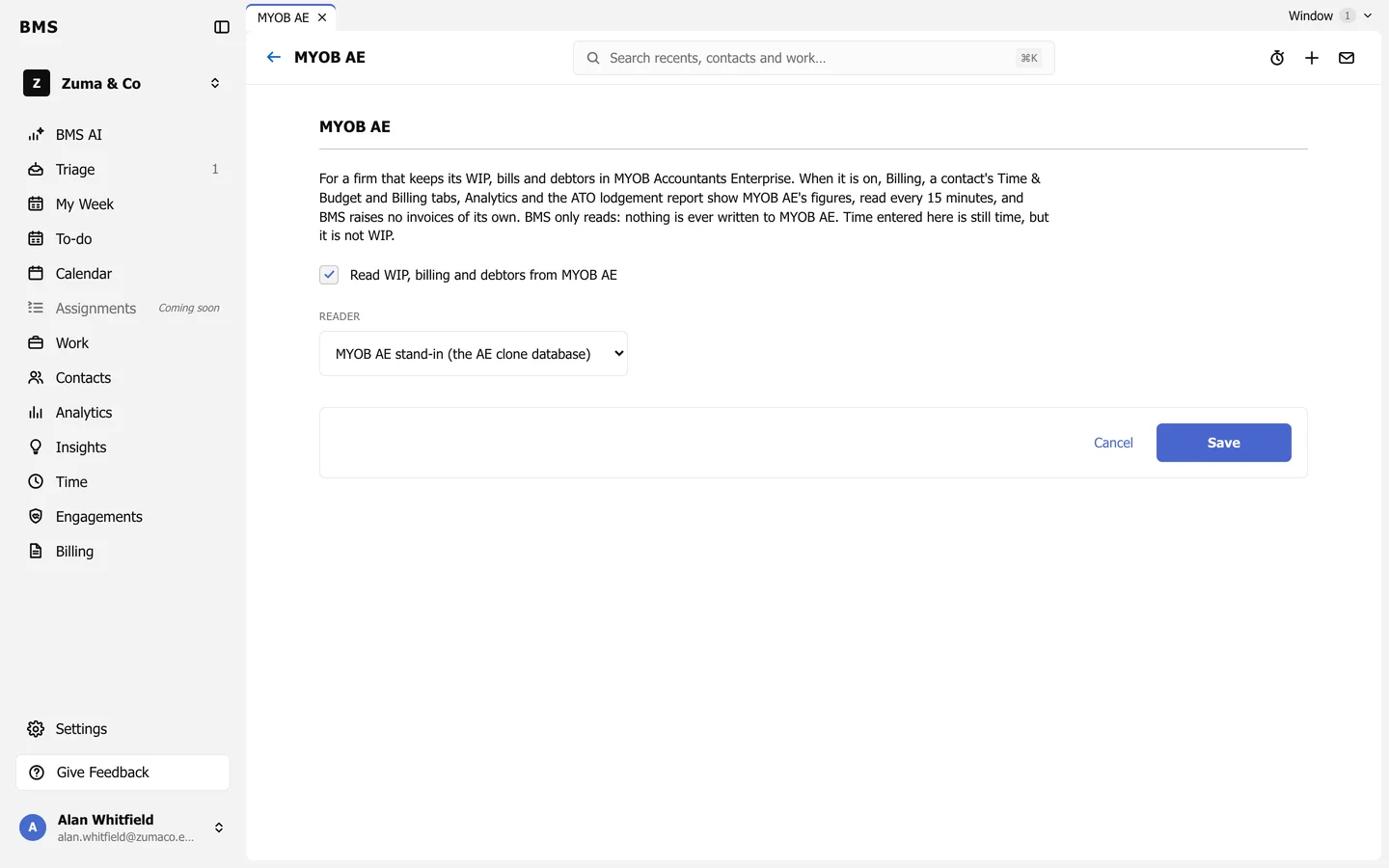 The MYOB AE card being edited: Read WIP, billing and debtors from MYOB AE ticked, and a Reader selector.
