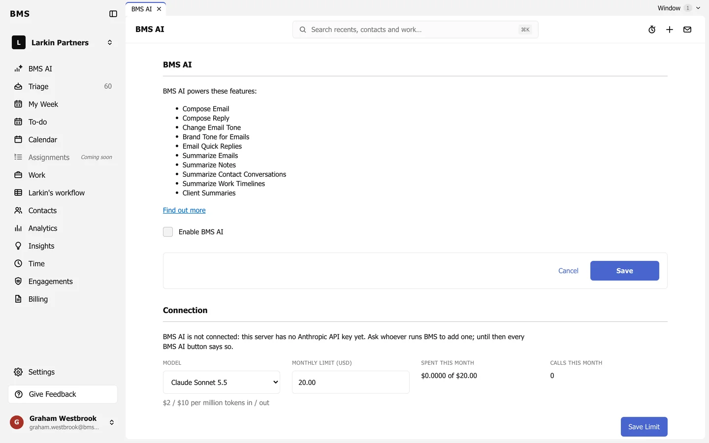 Settings BMS AI: the list of features BMS AI powers, an Enable BMS AI checkbox with Save, and a Connection section with a Model selector, Monthly limit, Spent this month and Calls this month.