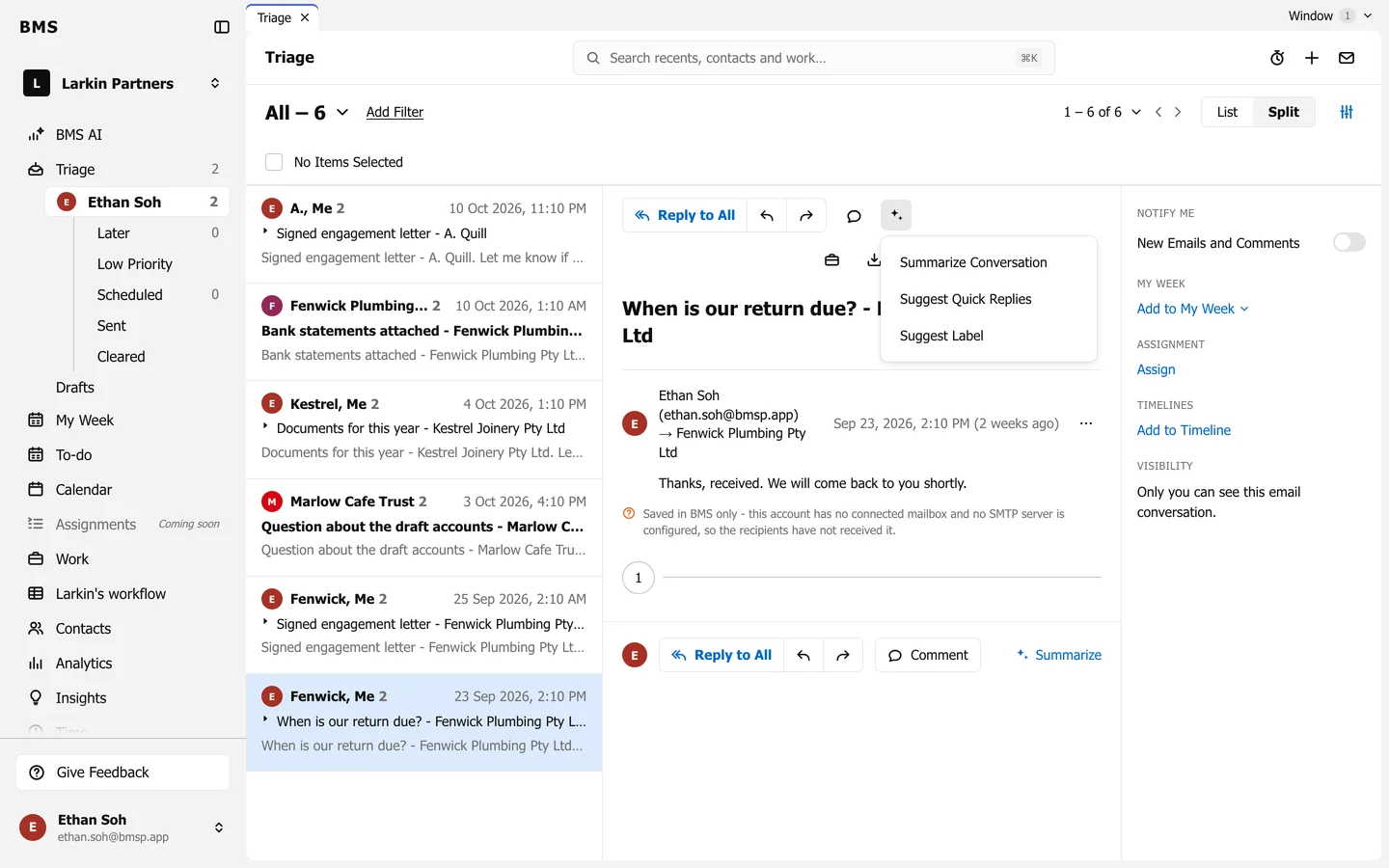 An email open in Triage with the BMS AI menu showing Summarize Conversation, Suggest Quick Replies and Suggest Label.