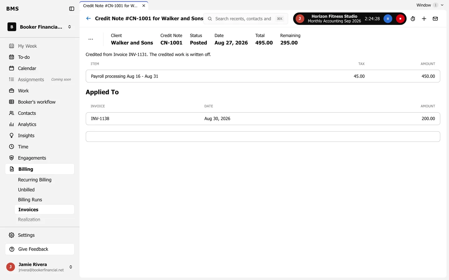 A posted credit note for Walker and Sons: total 495.00 with 295.00 remaining, the credited line, and an Applied To list showing 200.00 applied to another invoice.