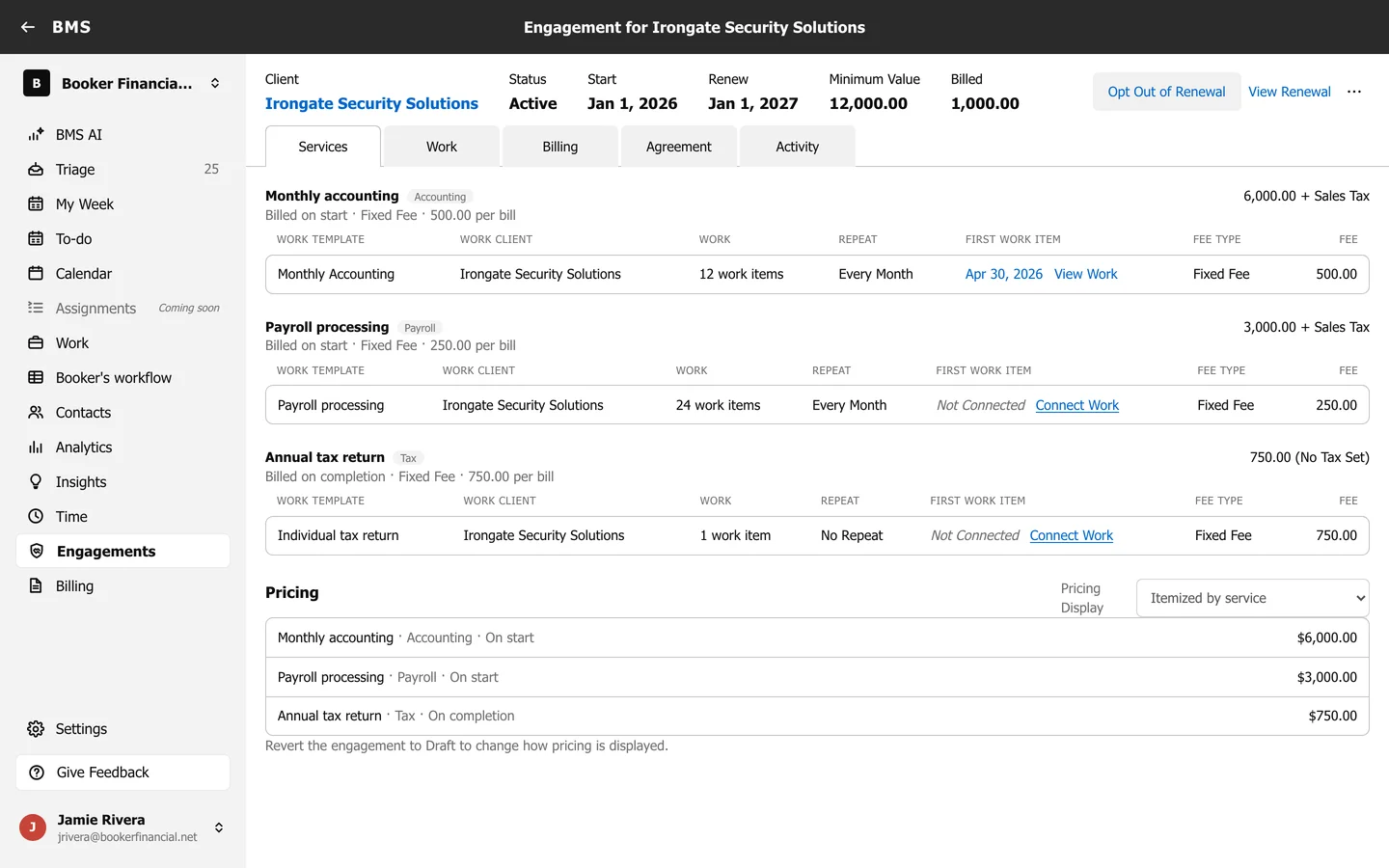 An active engagement with Opt Out of Renewal, View Renewal and a ... menu at the top, and its services, connected work and pricing.