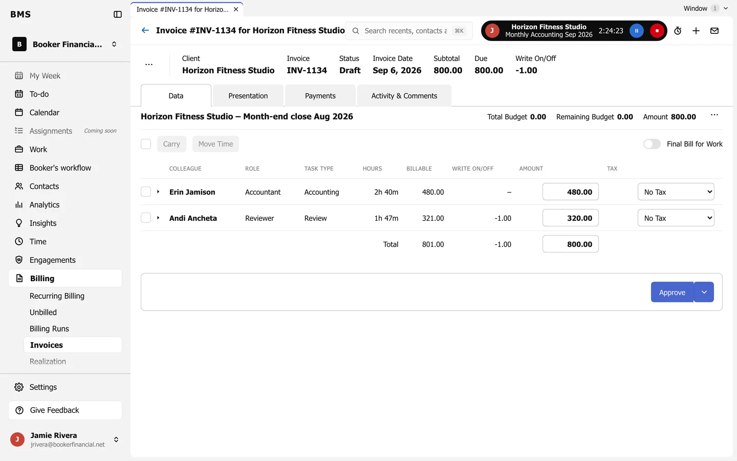A draft invoice on the Data tab, with time lines by colleague, editable amounts and tax, and an Approve button.