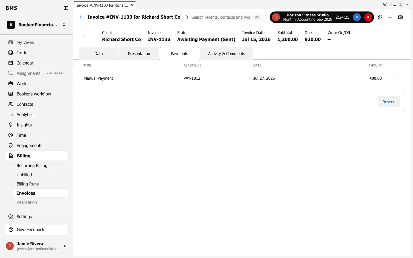 An invoice awaiting payment on the Payments tab, with a Manual Payment of 400.00 and a Resend button.