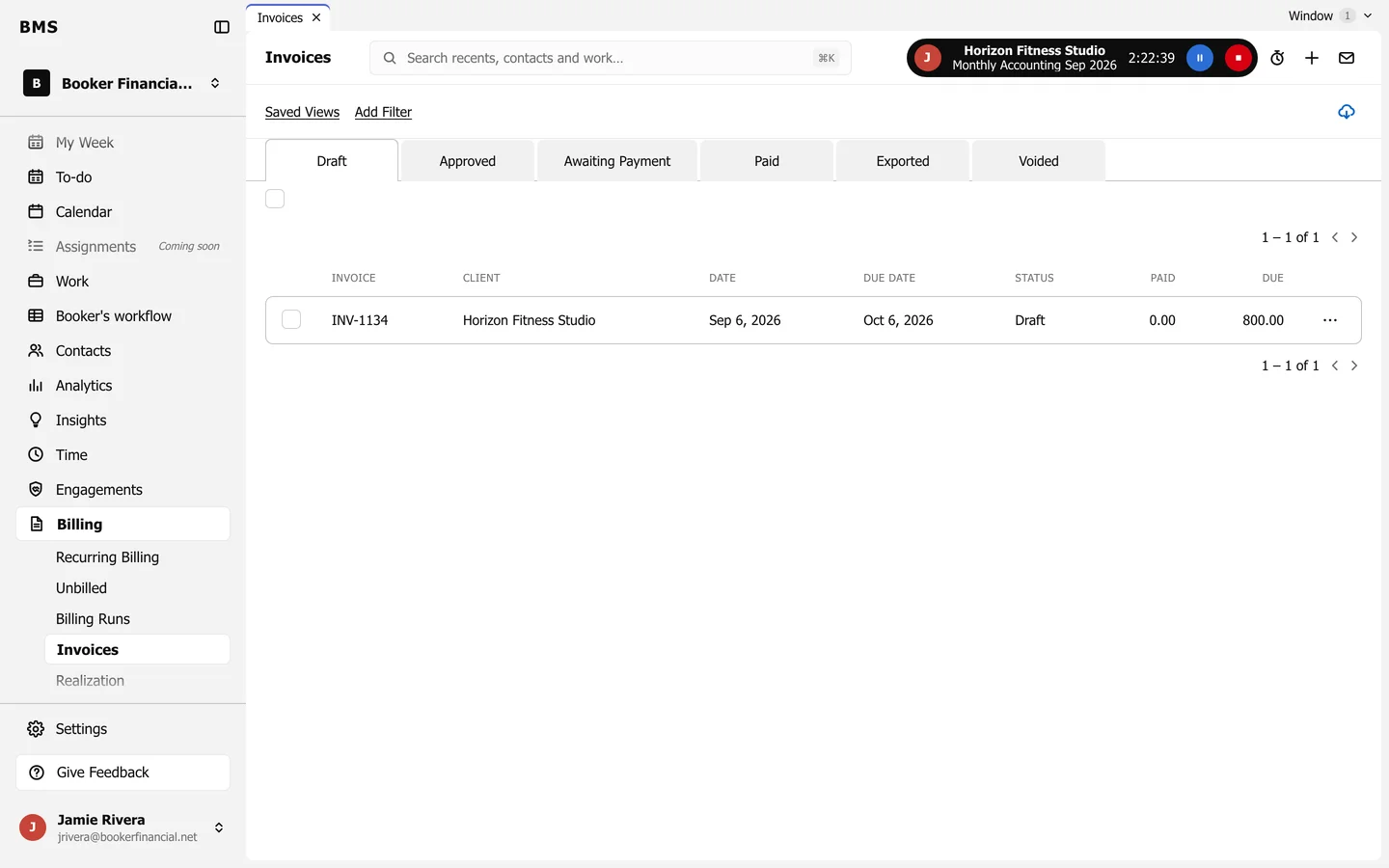 Invoices with tabs Draft, Approved, Awaiting Payment, Paid, Exported and Voided, and one draft invoice listed.
