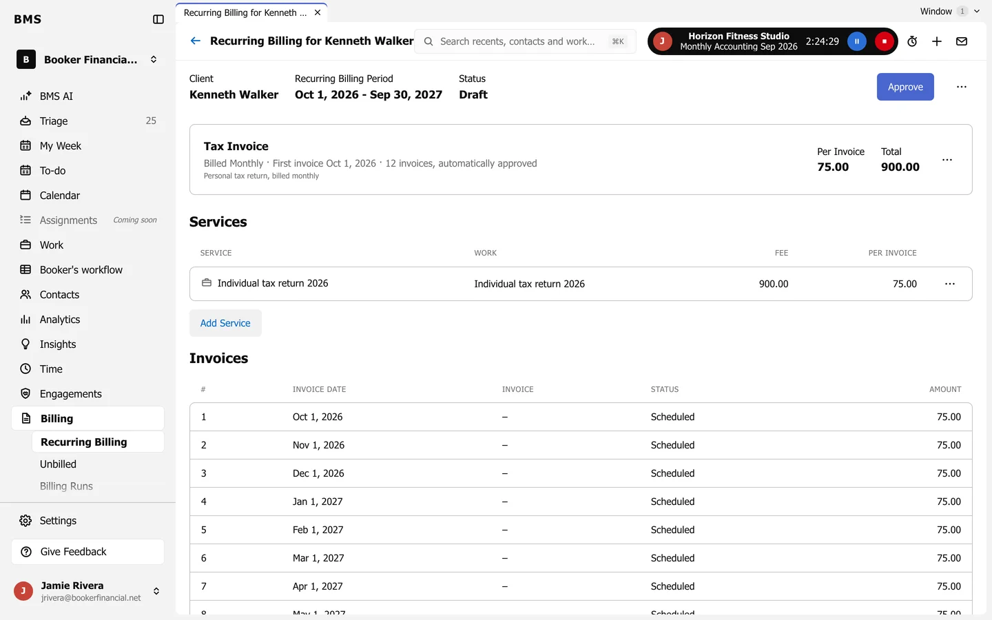 A recurring billing for one client: period, Draft status, an Approve button, the fee per invoice and total, its services, and a list of scheduled invoices by date.