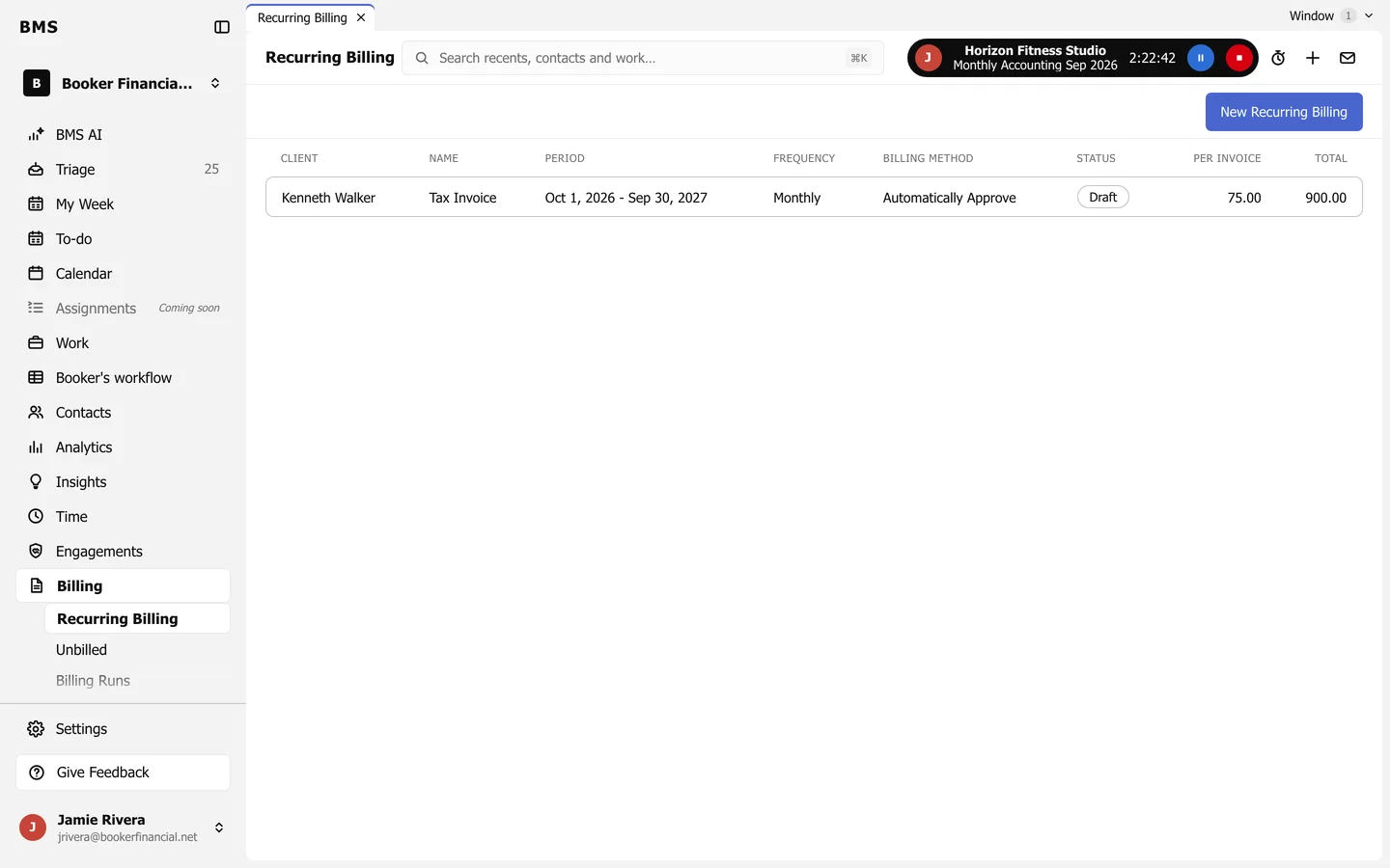 Recurring Billing: a list with client, name, period, frequency Monthly, billing method Automatically Approve, status Draft, per invoice and total, and a New Recurring Billing button.