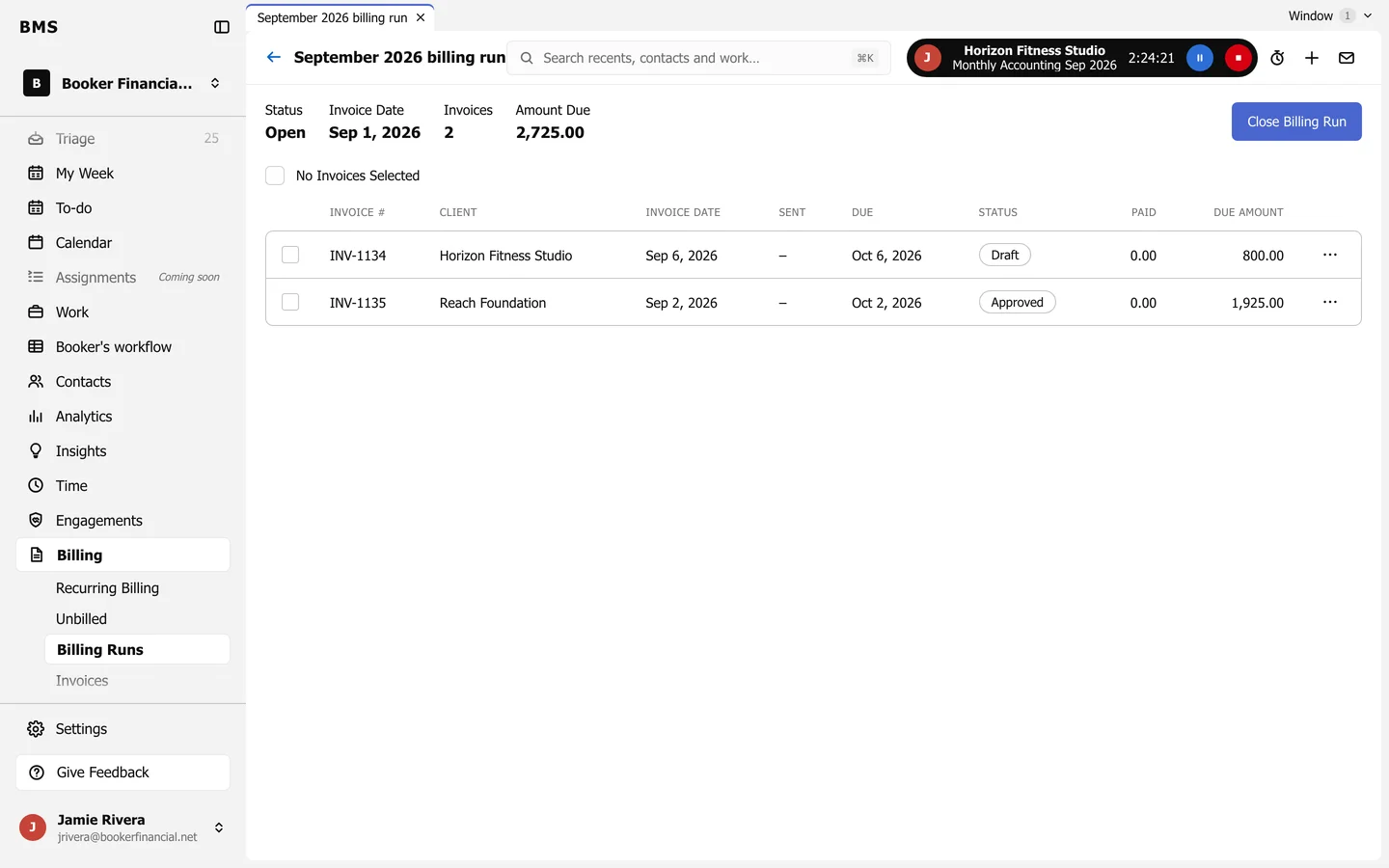 The September 2026 billing run: Status Open, invoice date, 2 invoices and amount due, a list of invoices with status, and a Close Billing Run button.
