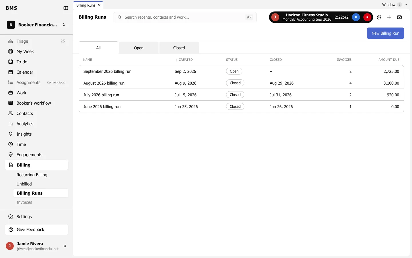 Billing Runs: All, Open and Closed tabs and a list of monthly runs with created date, status, closed date, invoice count and amount due, and a New Billing Run button.