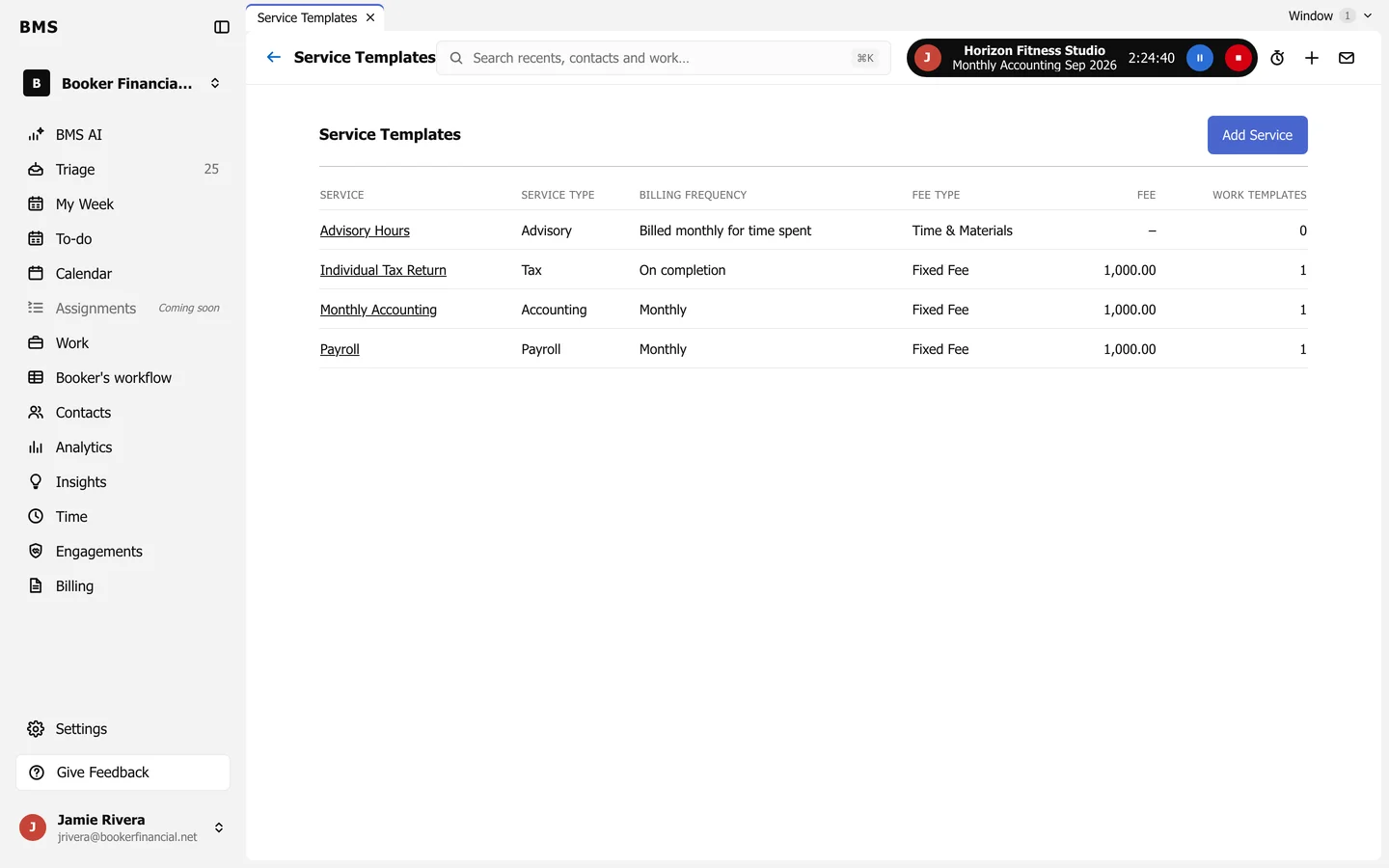 Service Templates: Advisory Hours, Individual Tax Return, Monthly Accounting and Payroll with service type, billing frequency, fee type, fee and work templates.