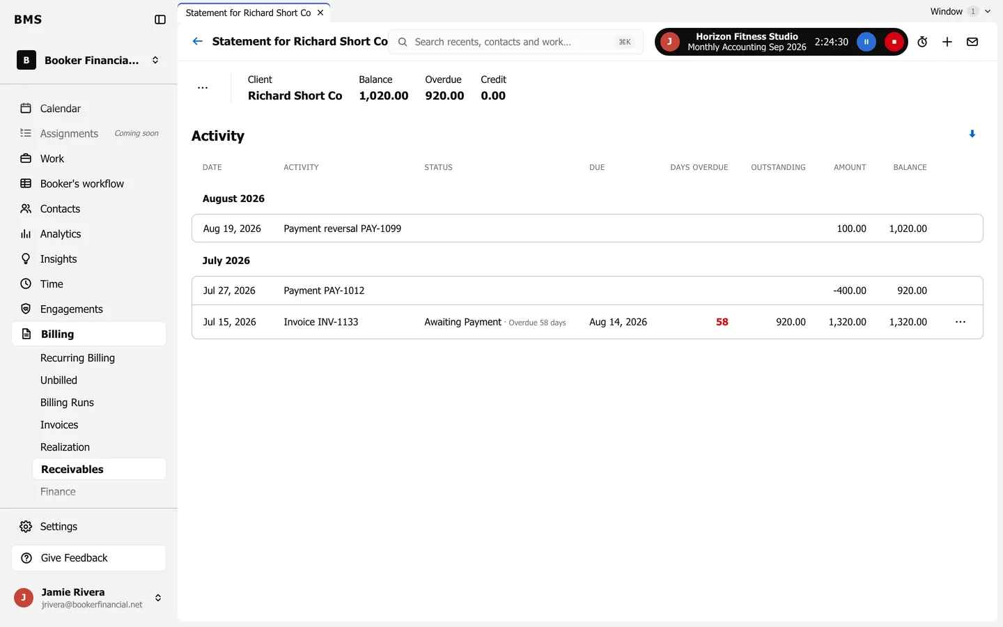 A statement for one client: Balance, Overdue and Credit, and an Activity list by month of invoices, payments and reversals with a running balance.