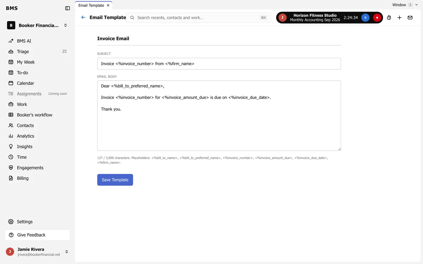 The Invoice Email template with a subject and body using placeholders such as invoice number, amount due and due date, and a Save Template button.