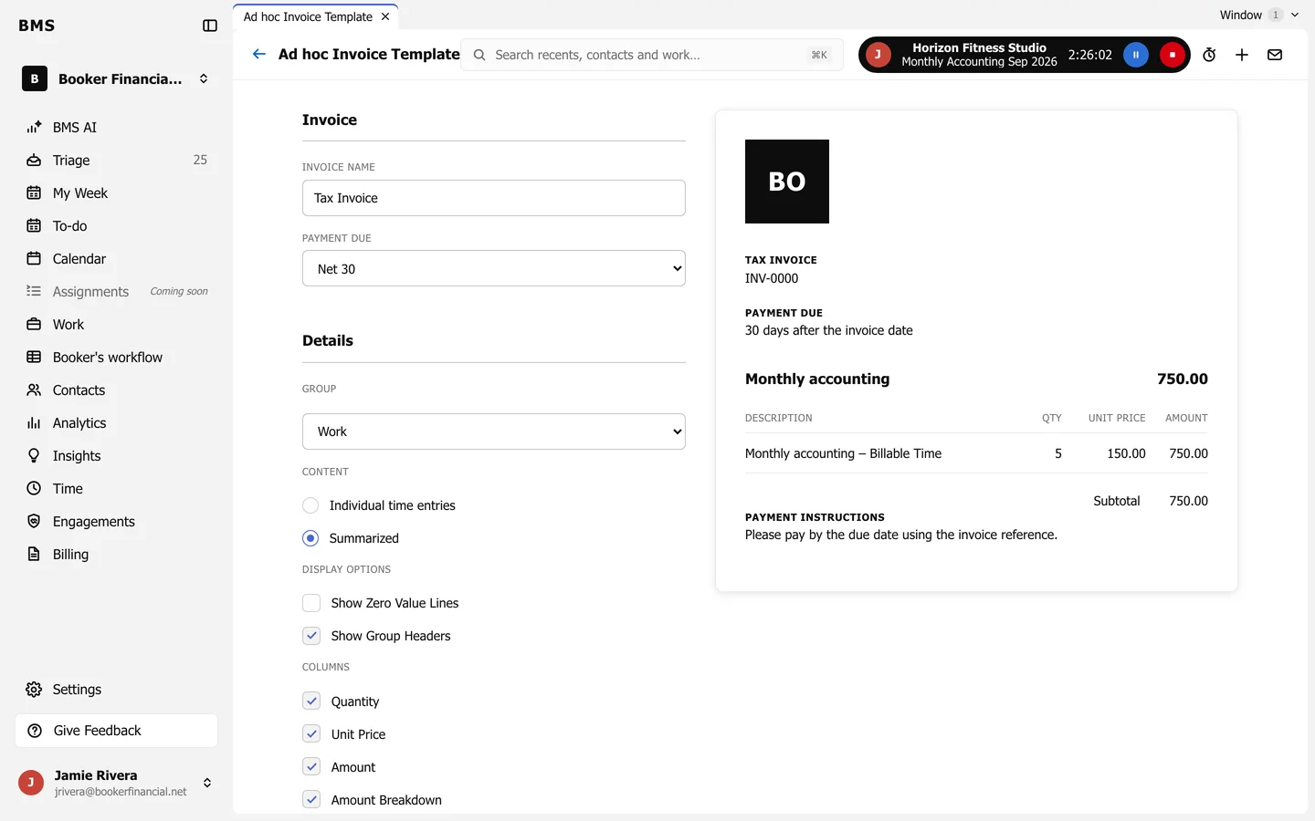 The Ad hoc Invoice Template: invoice name, payment due, grouping, content, display options and columns on the left, and a preview of the invoice on the right.