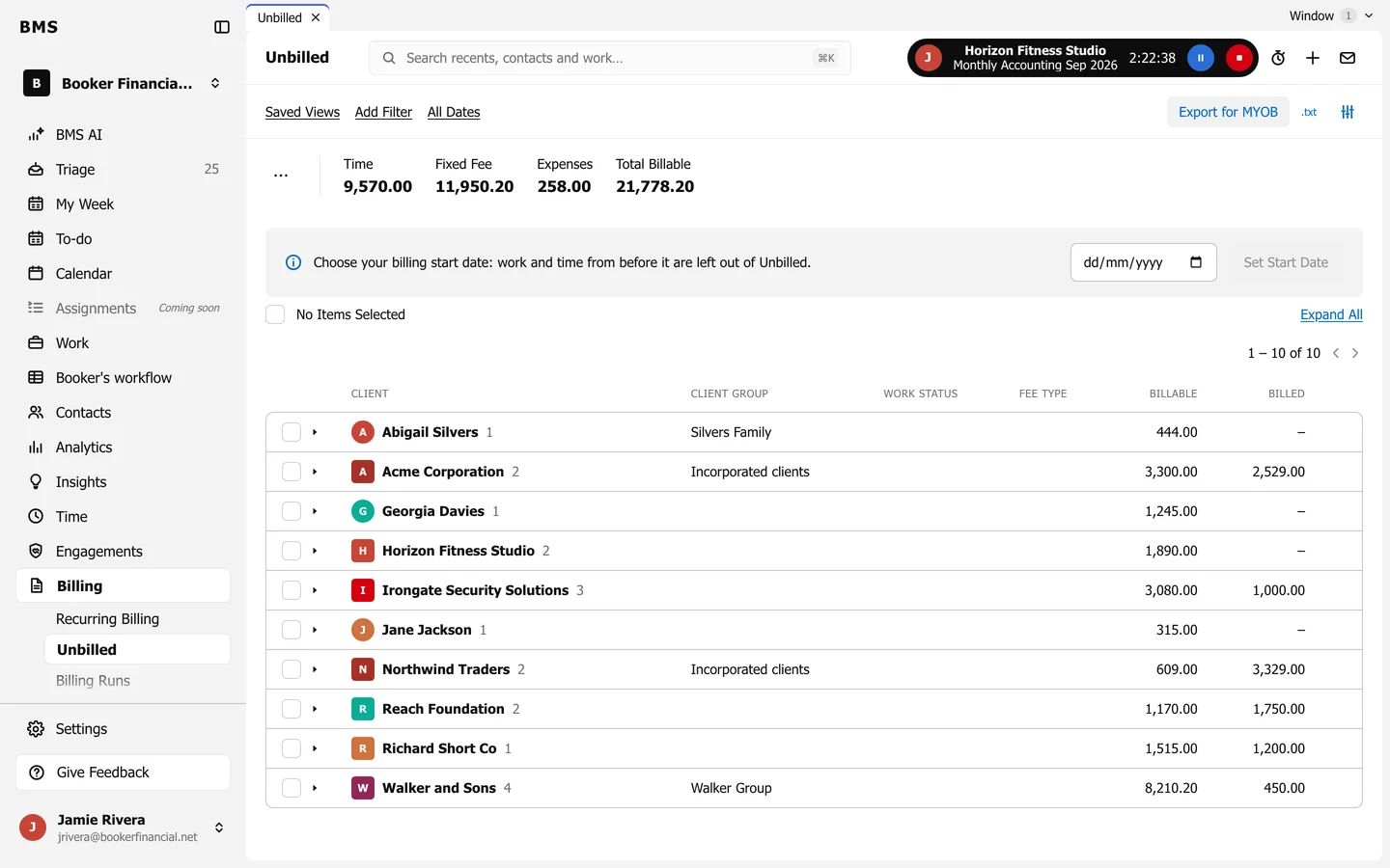 Unbilled in a firm that bills in BMS: totals for Time, Fixed Fee, Expenses and Total Billable, a billing start date notice, and a list of clients with billable and billed amounts.