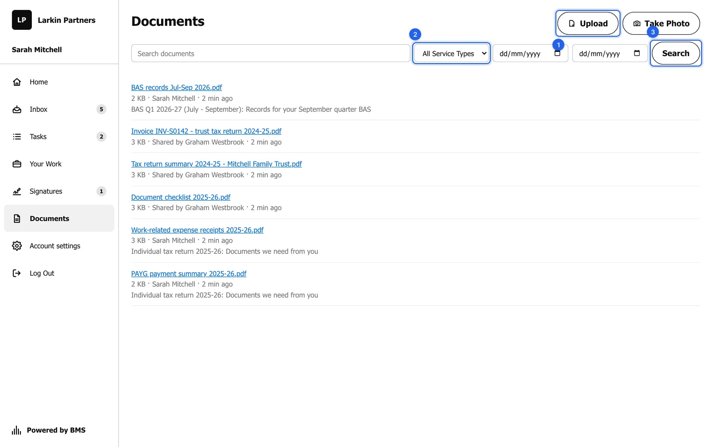 The Documents page with numbered rings on the Upload button, the Service Type filter and the Search button, above a list of shared and sent files.