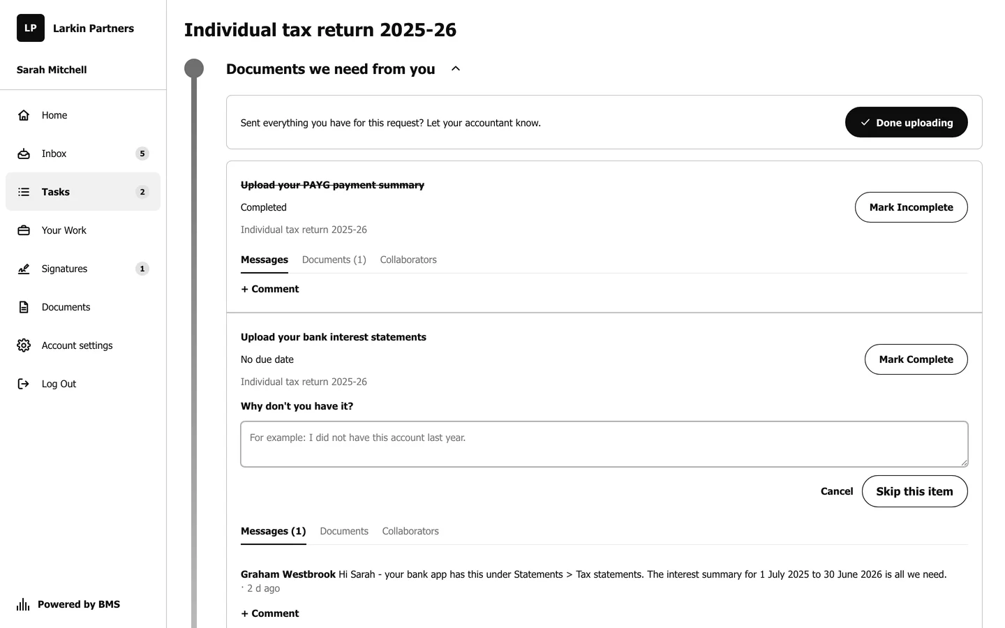A dialog asking the client to write why they do not have the requested document, with a text box and buttons to cancel or confirm.