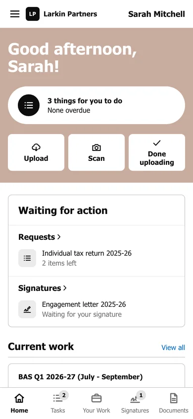Home on a phone: the greeting band and quick actions at the top, with the menu along the bottom of the screen.