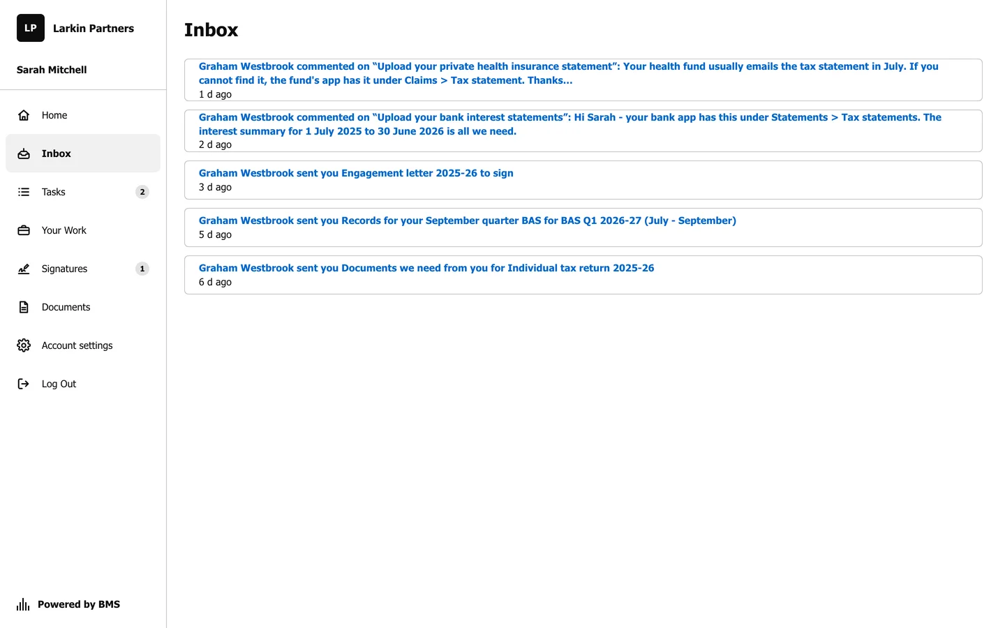 The Inbox page listing entries such as Graham Westbrook commented on Upload your bank interest statements, and Graham Westbrook sent you Engagement letter 2025-26 to sign, each with how long ago.
