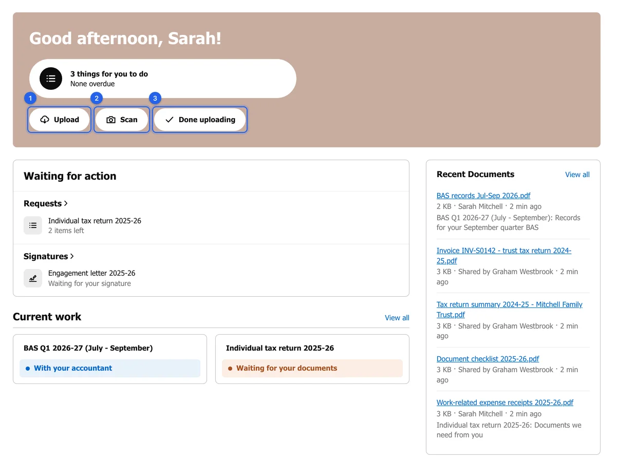 The Home page with numbered rings on the Upload, Scan and Done uploading quick actions.