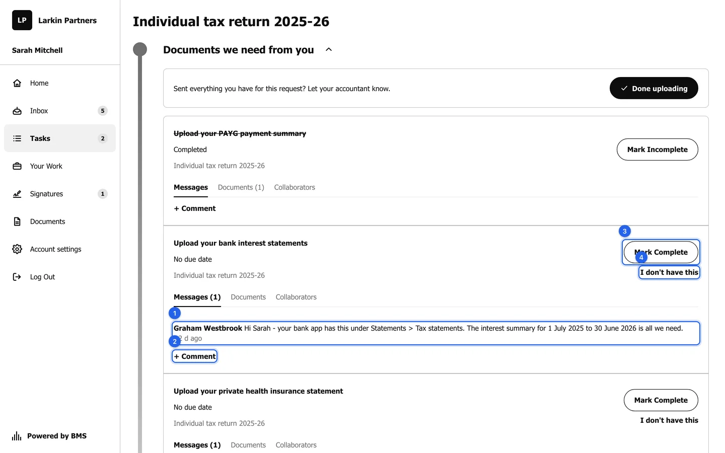 A request item with numbered rings on the firm's reply under Messages, the + Comment button, Mark Complete and I don't have this.