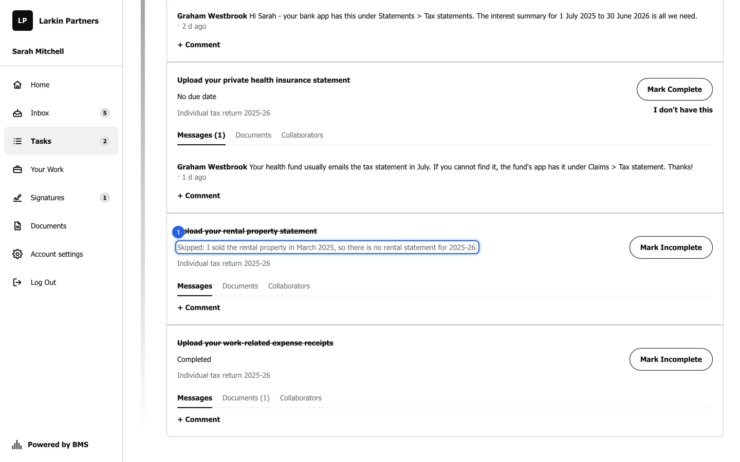 A request item marked Skipped: I sold the rental property in March 2025, so there is no rental statement for 2025-26.
