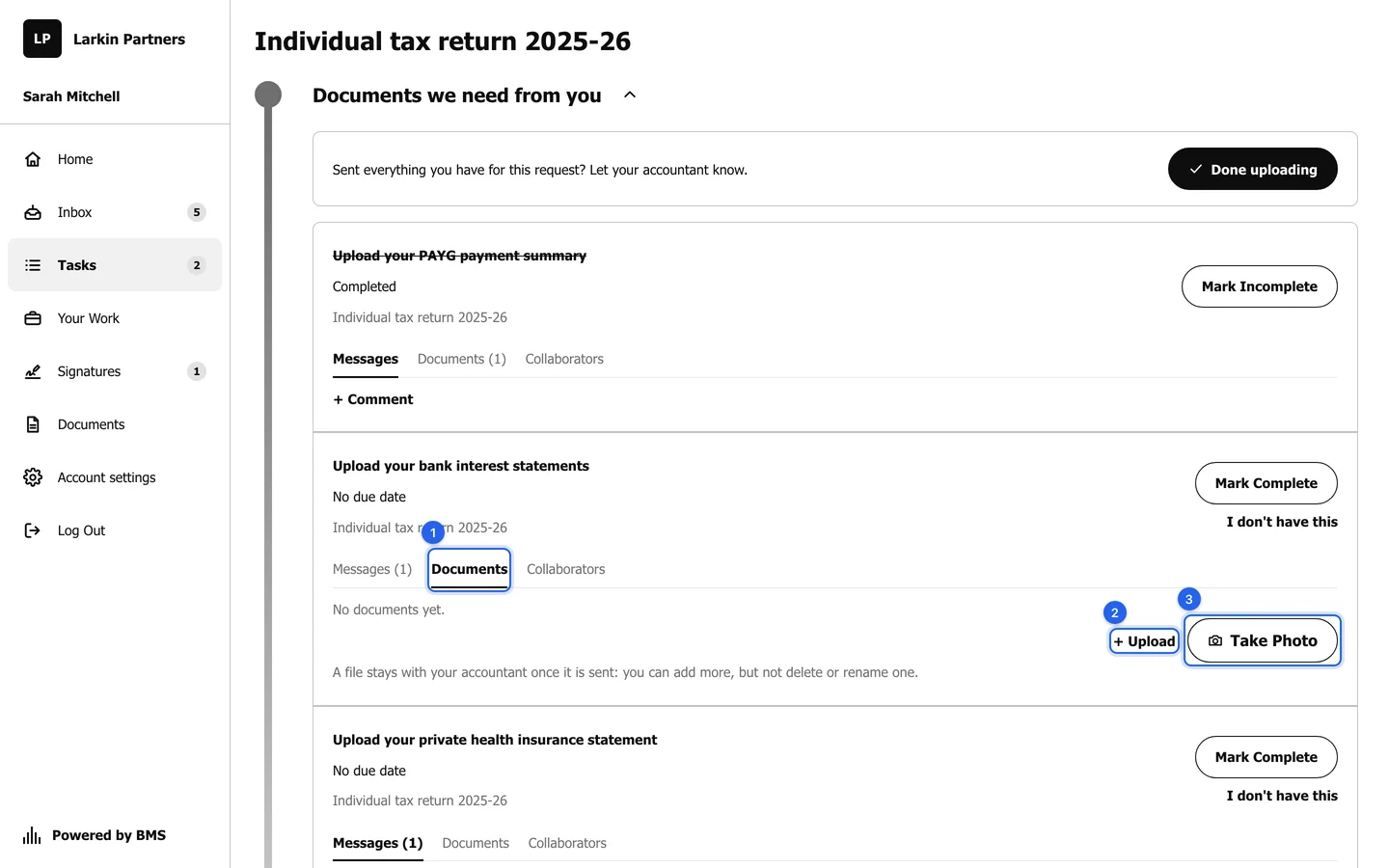 A request item, Upload your bank interest statements, with its Documents tab open and numbered rings on the Documents tab, the + Upload button and the Take Photo button.