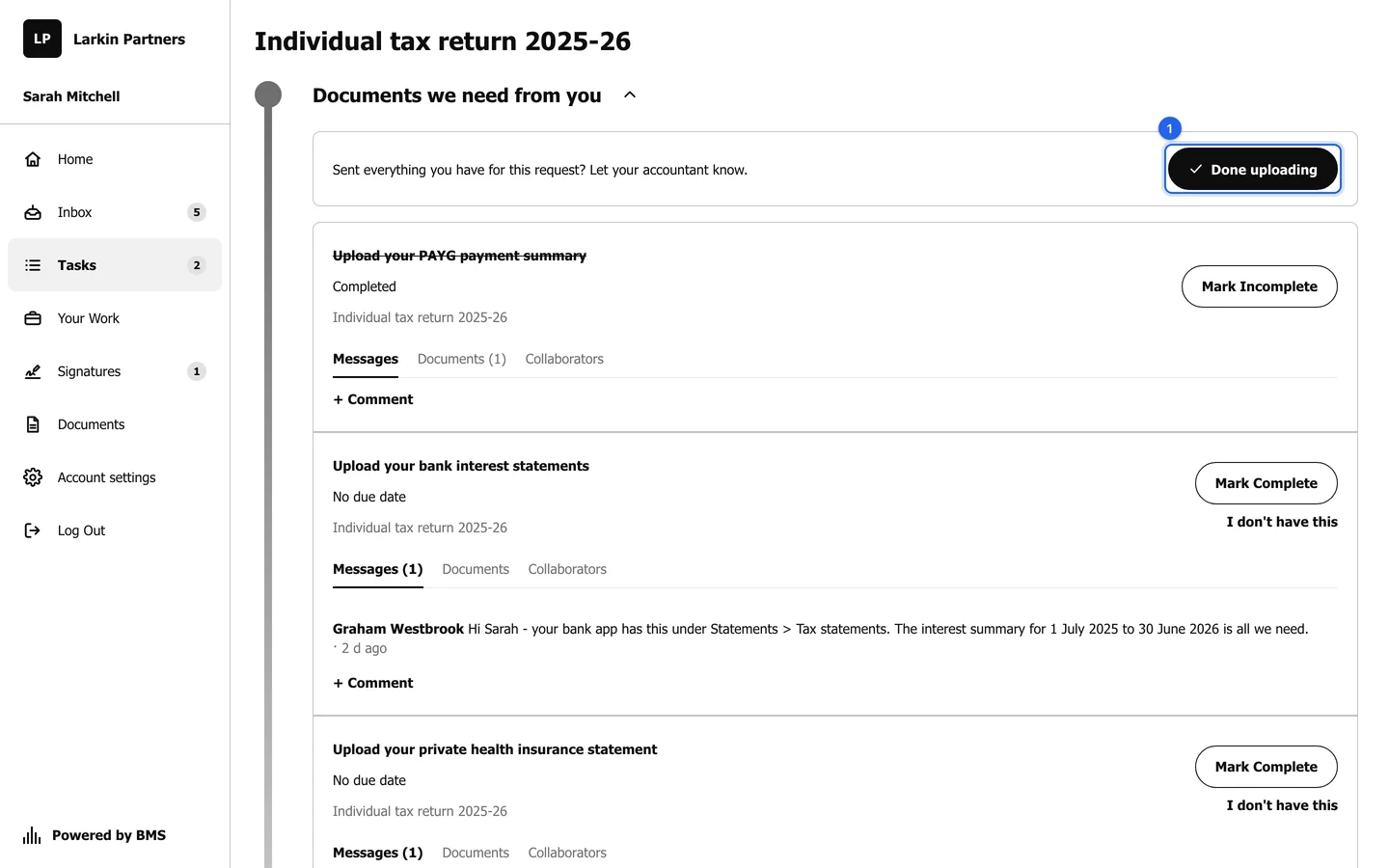 The request as the client sees it: the Done uploading bar and one card per task.