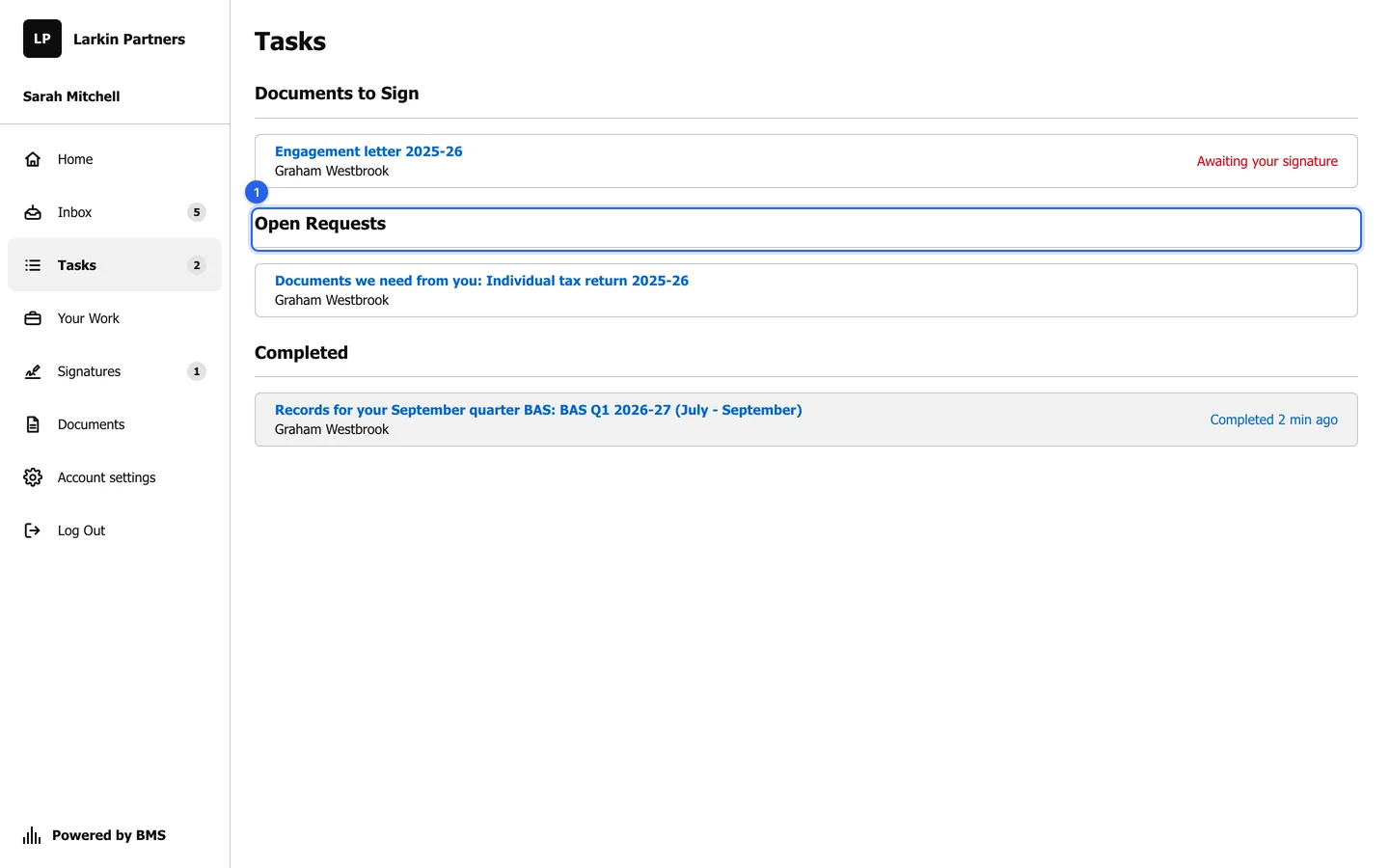 The Tasks page, Requests, with Documents to Sign at the top, then Open Requests and Completed.