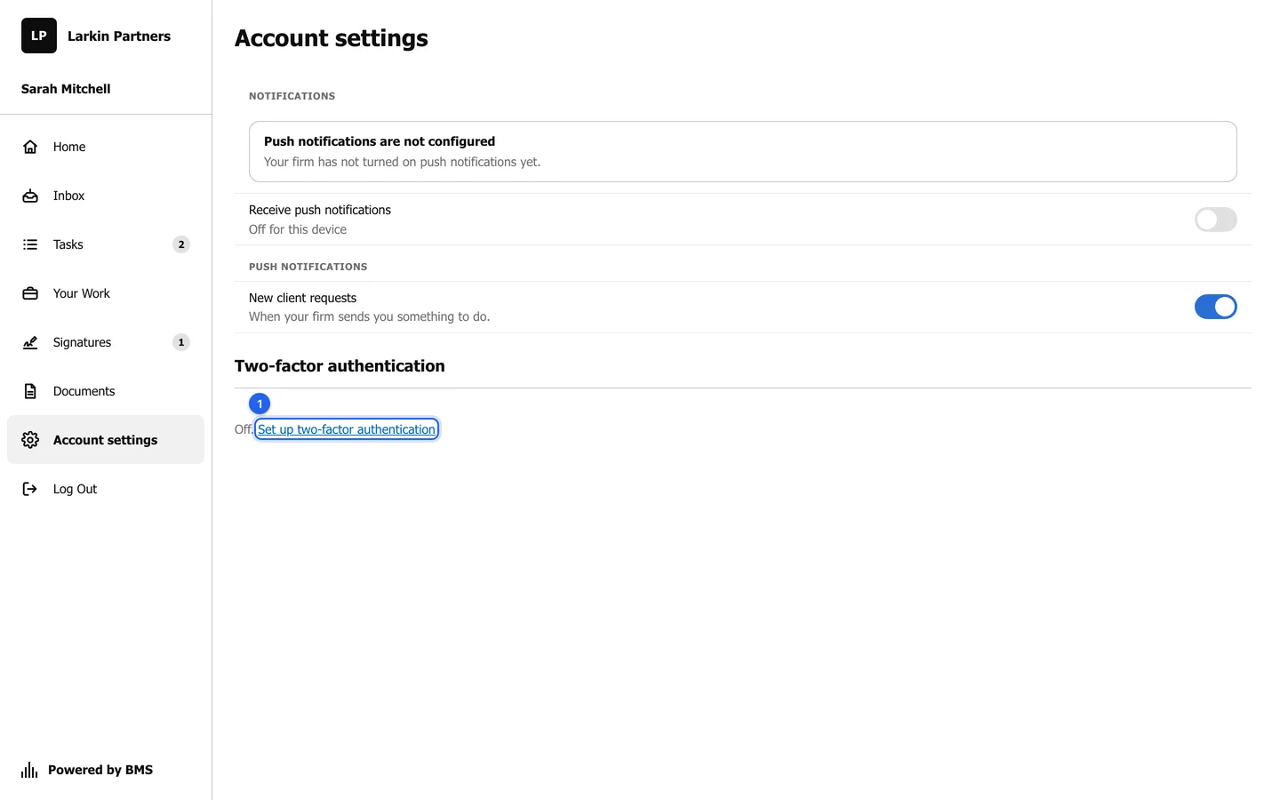 Account settings with a Notifications section and a Two-factor authentication section showing Off and a Set up two-factor authentication link.