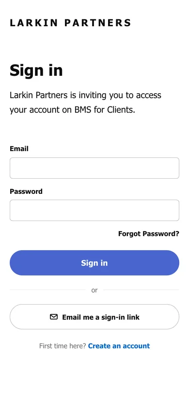 The BMS for Clients sign-in page on a phone, with the firm's name above the Email and Password fields.