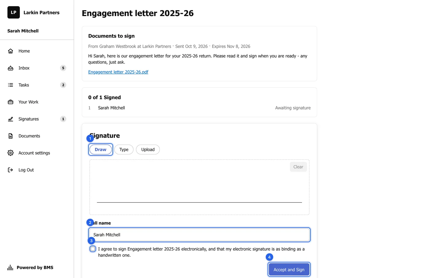 The signing page with numbered rings on the Draw option, the Full name field, the agreement checkbox and the Accept and Sign button.