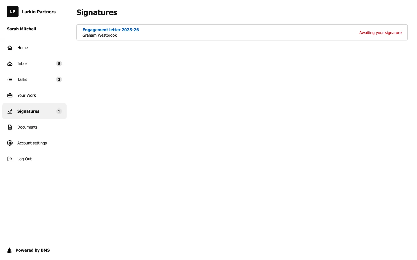 The Signatures page listing Engagement letter 2025-26 from Graham Westbrook, awaiting your signature.