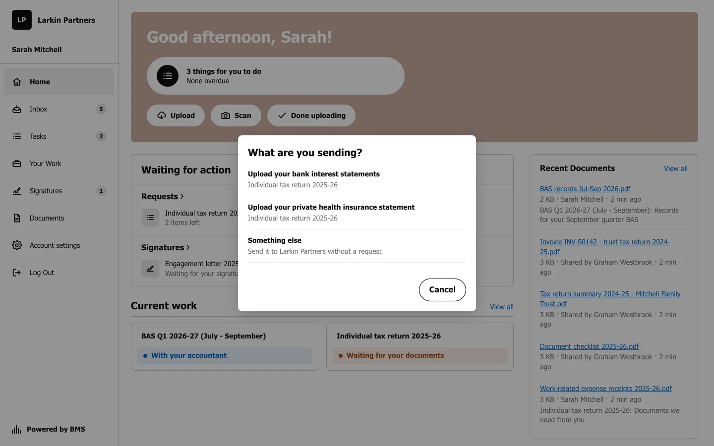 A dialog titled What are you sending? listing two open request items and a Something else option, with a Cancel button.