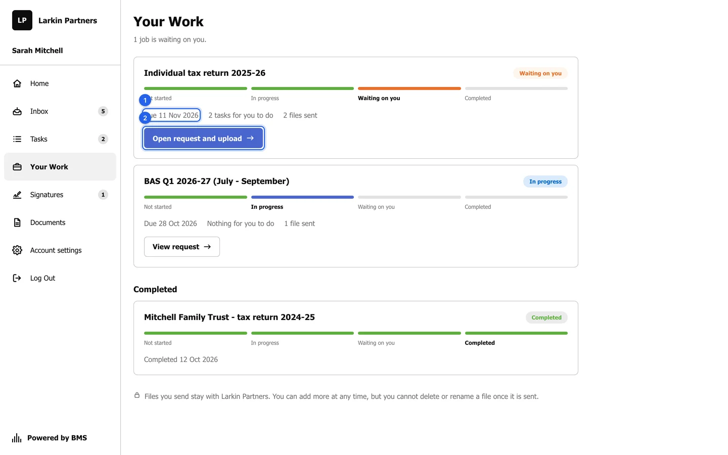 Your Work listing Individual tax return 2025-26 waiting on you, due 11 Nov 2026 with 2 tasks to do, BAS Q1 in progress, and a completed trust tax return.
