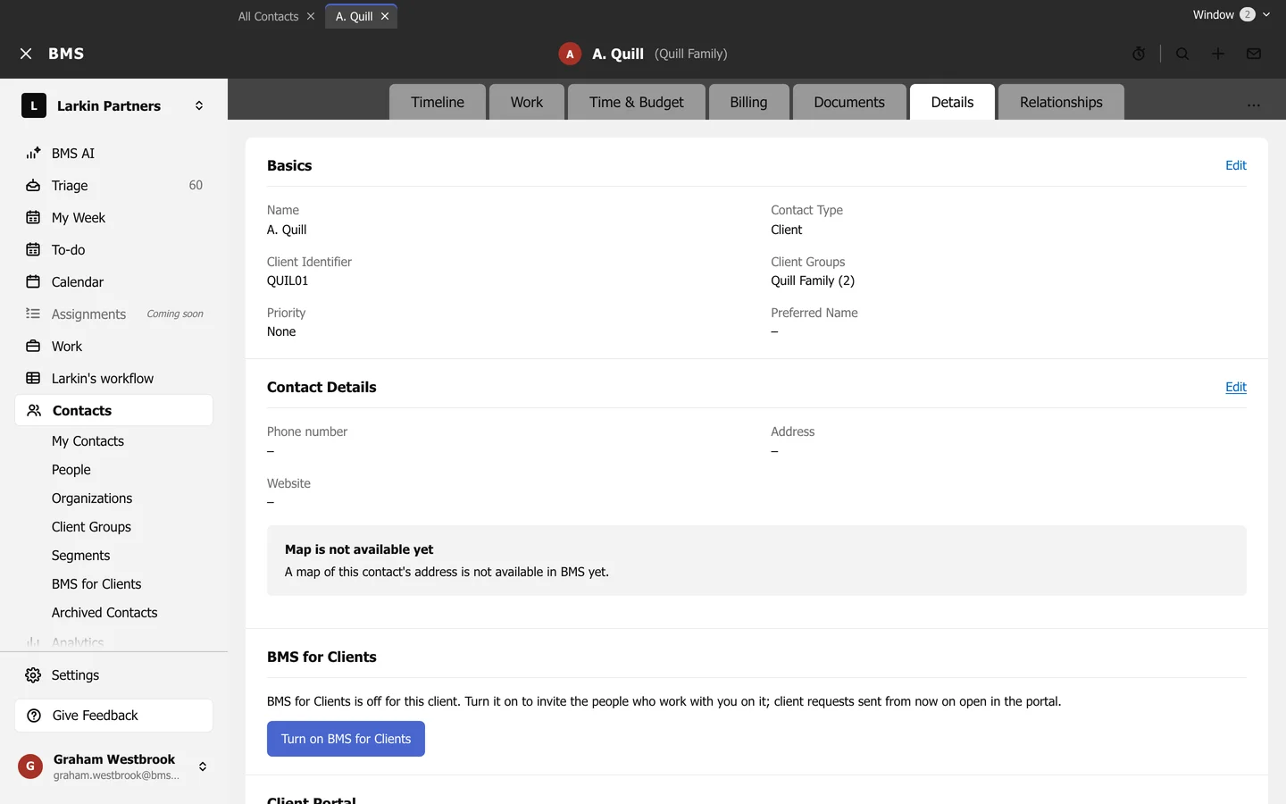 A client's Details tab with Basics (Name, Contact Type, Client Identifier, Client Groups, Priority, Preferred Name), Contact Details, and BMS for Clients.