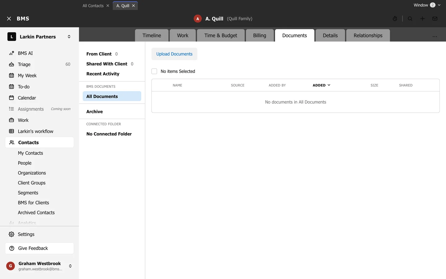 A client's Documents tab with From Client, Shared With Client, Recent Activity, BMS Documents All Documents, Archive, Connected Folder, and an Upload Documents button.