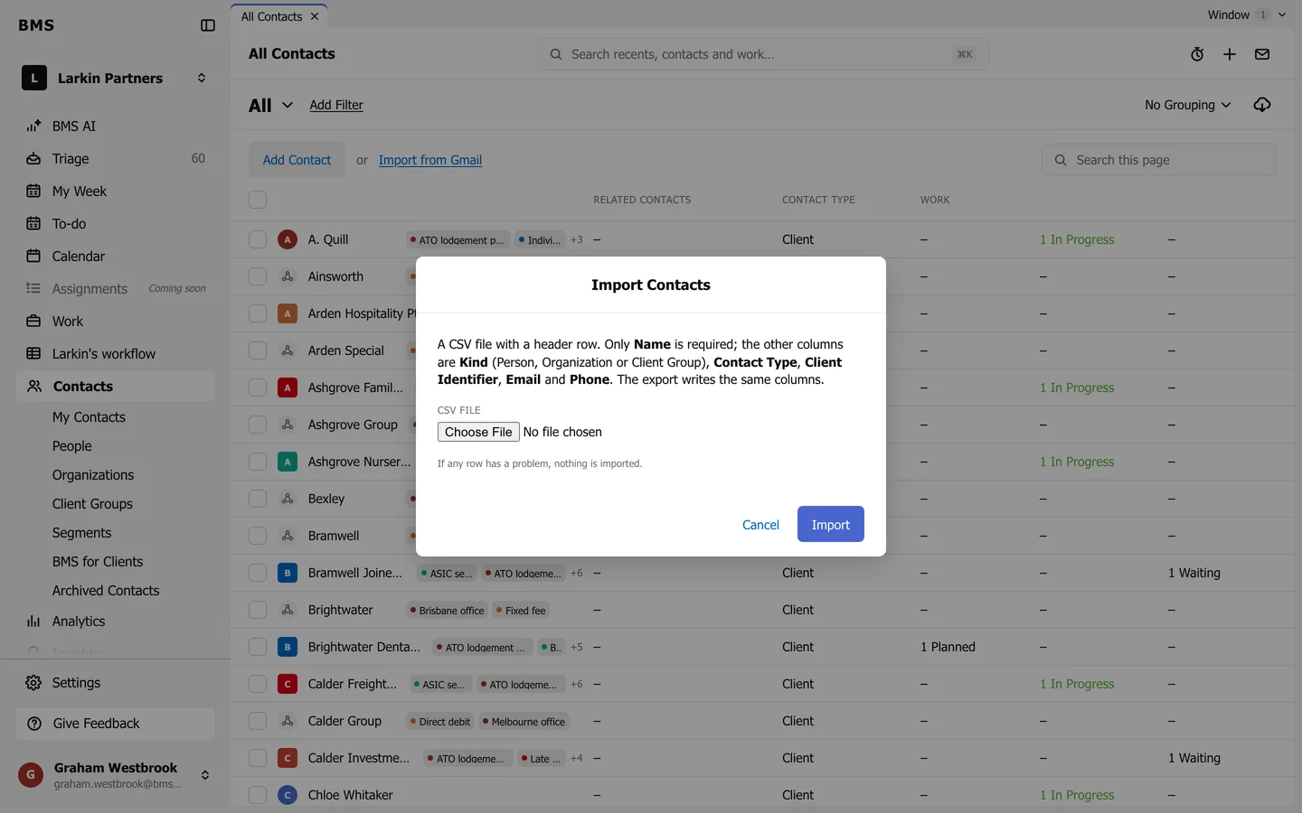 The Import Contacts dialog explaining the CSV columns, with a Choose File control and Cancel and Import.