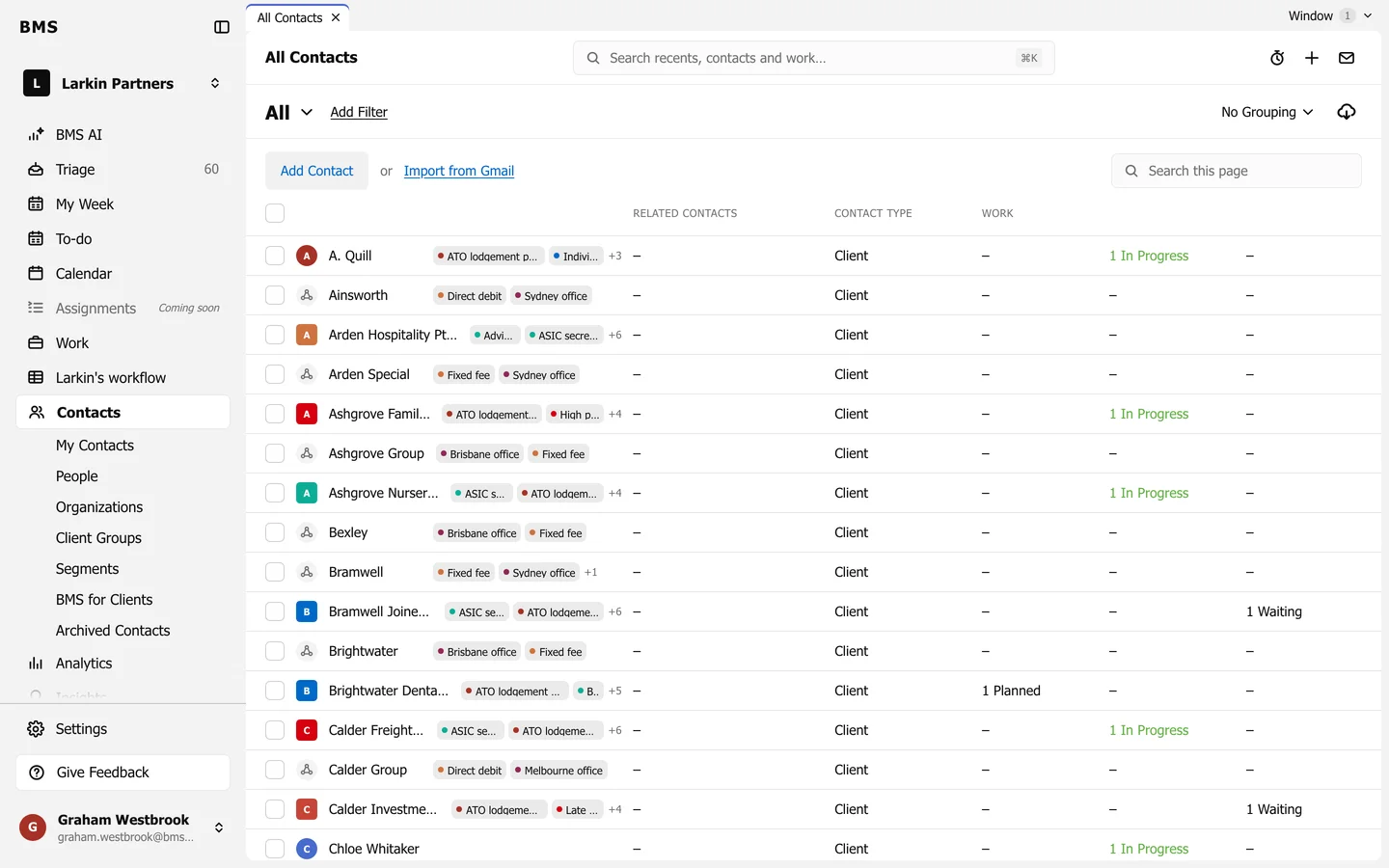 All Contacts: each contact with its tags, related contacts, contact type and work by status, with Add Contact, Import from Gmail, Add Filter, No Grouping and the export icon.
