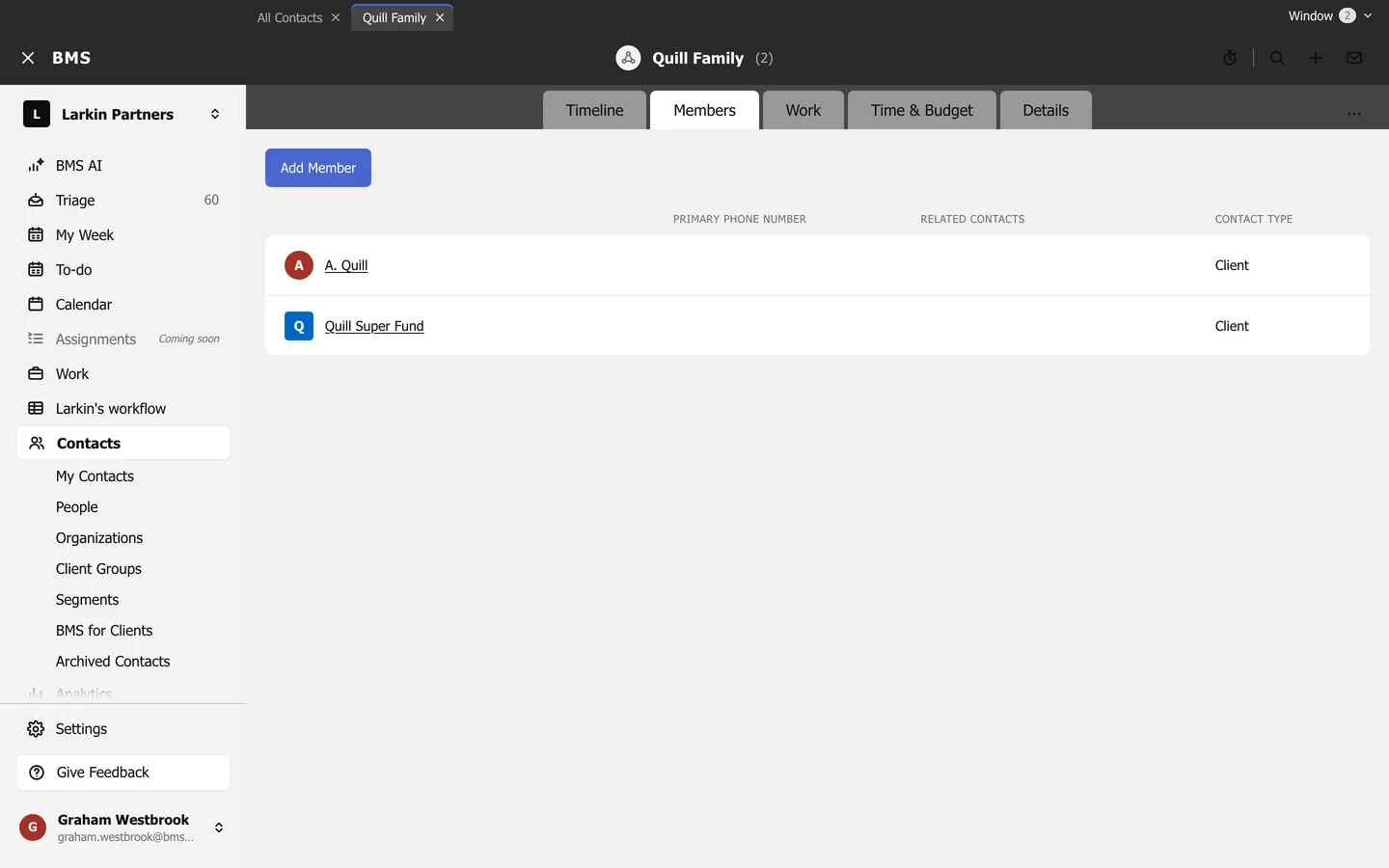 The Quill Family client group on its Members tab, listing A. Quill and Quill Super Fund, with an Add Member button.