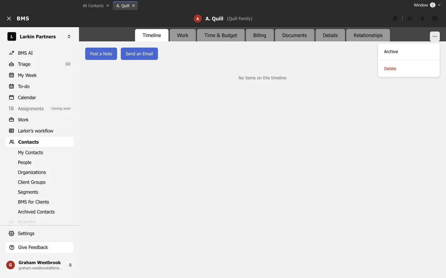 The Contact options menu open with Archive and Delete.