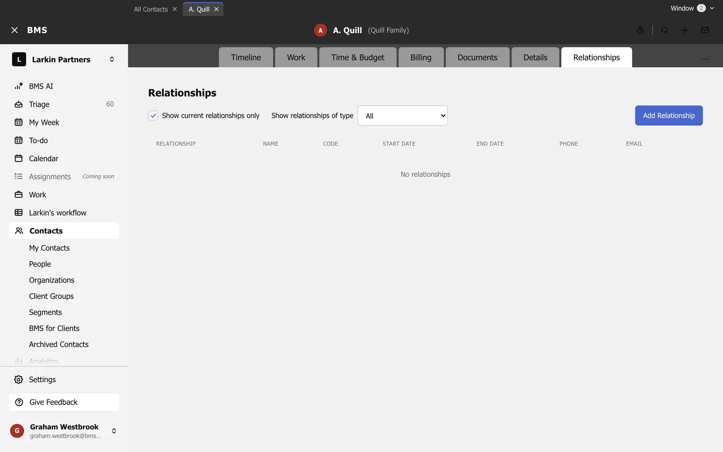 A client's Relationships tab with Show current relationships only, Show relationships of type, Add Relationship, and columns Relationship, Name, Code, Start date, End date, Phone and Email.