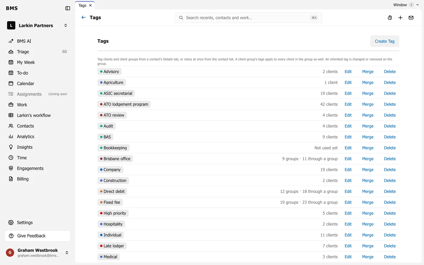Settings Tags: Create Tag, and each tag with its colour, how many clients or groups use it, and Edit, Merge and Delete.