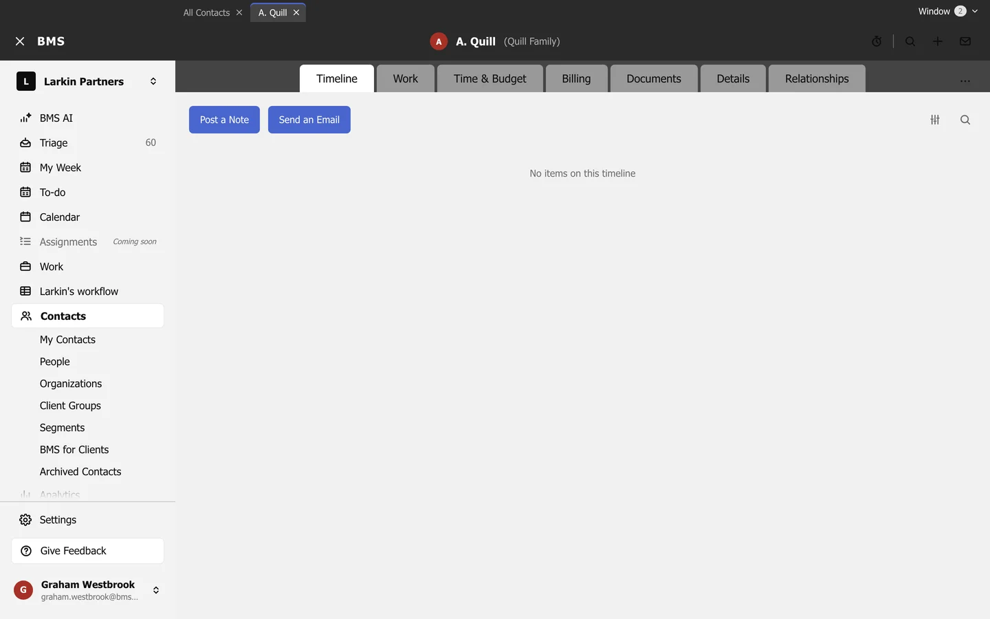 A client's Timeline tab with Post a Note and Send an Email buttons.