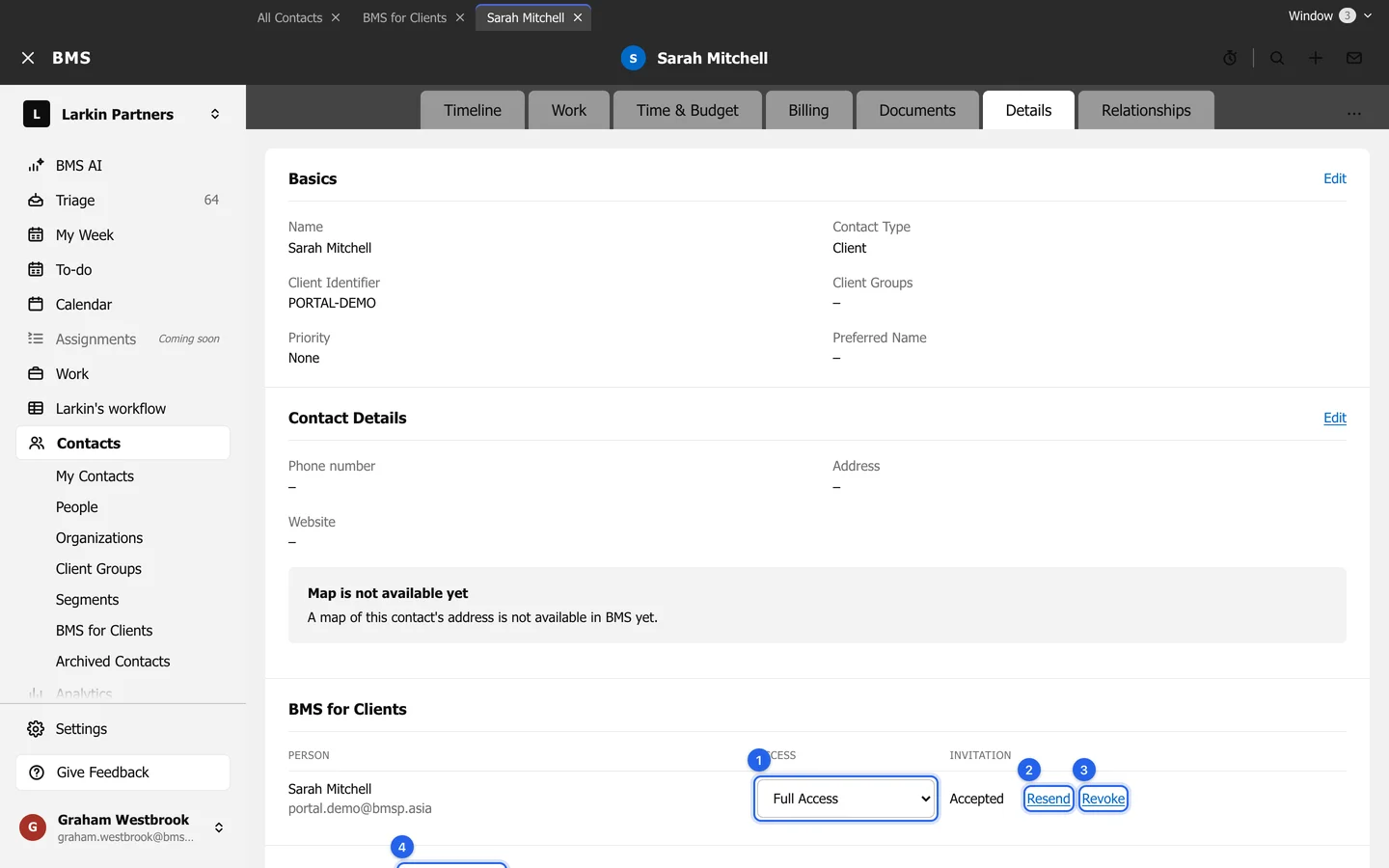 The client's Details tab, BMS for Clients section, showing Sarah Mitchell with Full Access and an Accepted invitation, and numbered rings on the access level, Resend, Revoke and Edit Login Details.