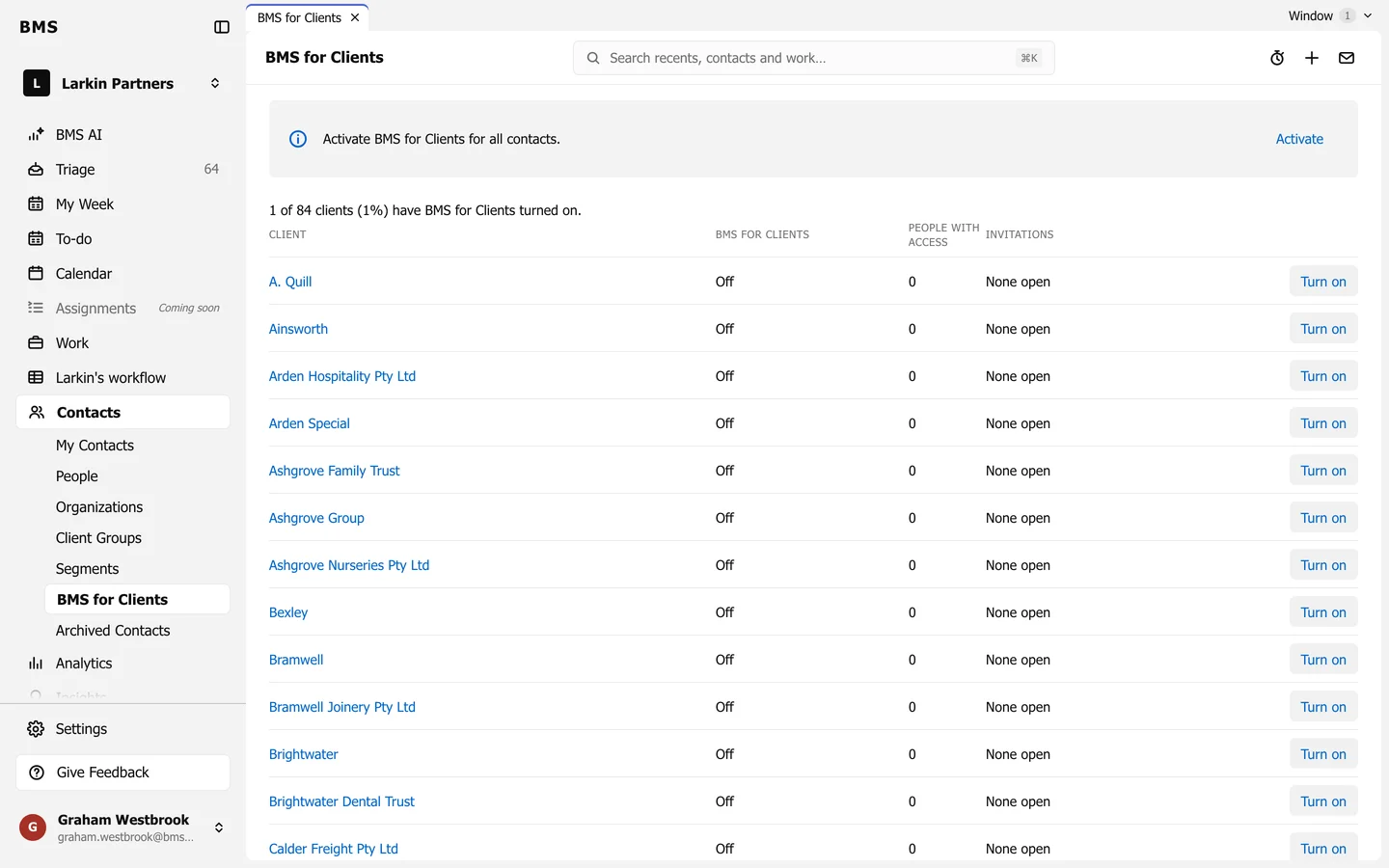 Contacts, BMS for Clients: a summary line and a table of clients with columns BMS for Clients, People with access and Invitations.