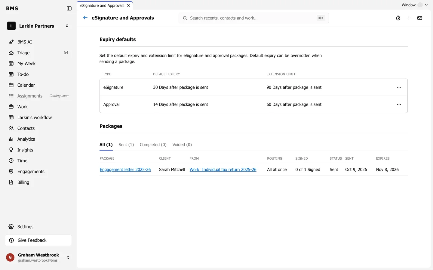 Settings, eSignature and Approvals: a list of packages with columns Package, Client, From, Routing, Signed, Status, Sent and Expires, and an Expiry defaults table.