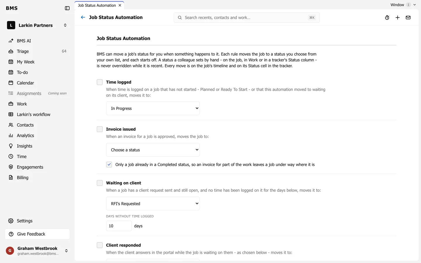 Settings, Job Status Automation, with the rules Time logged, Invoice issued, Waiting on client and Client responded, the hand-set hold days and Recent Moves.