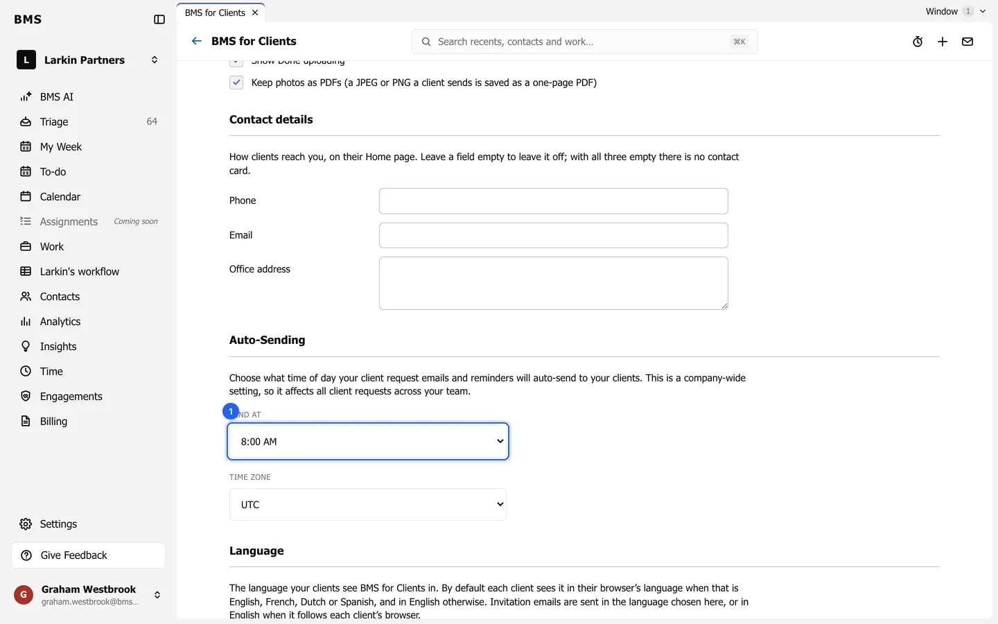 The Auto-Sending section with the Send at menu ringed and a Time zone menu beside it.