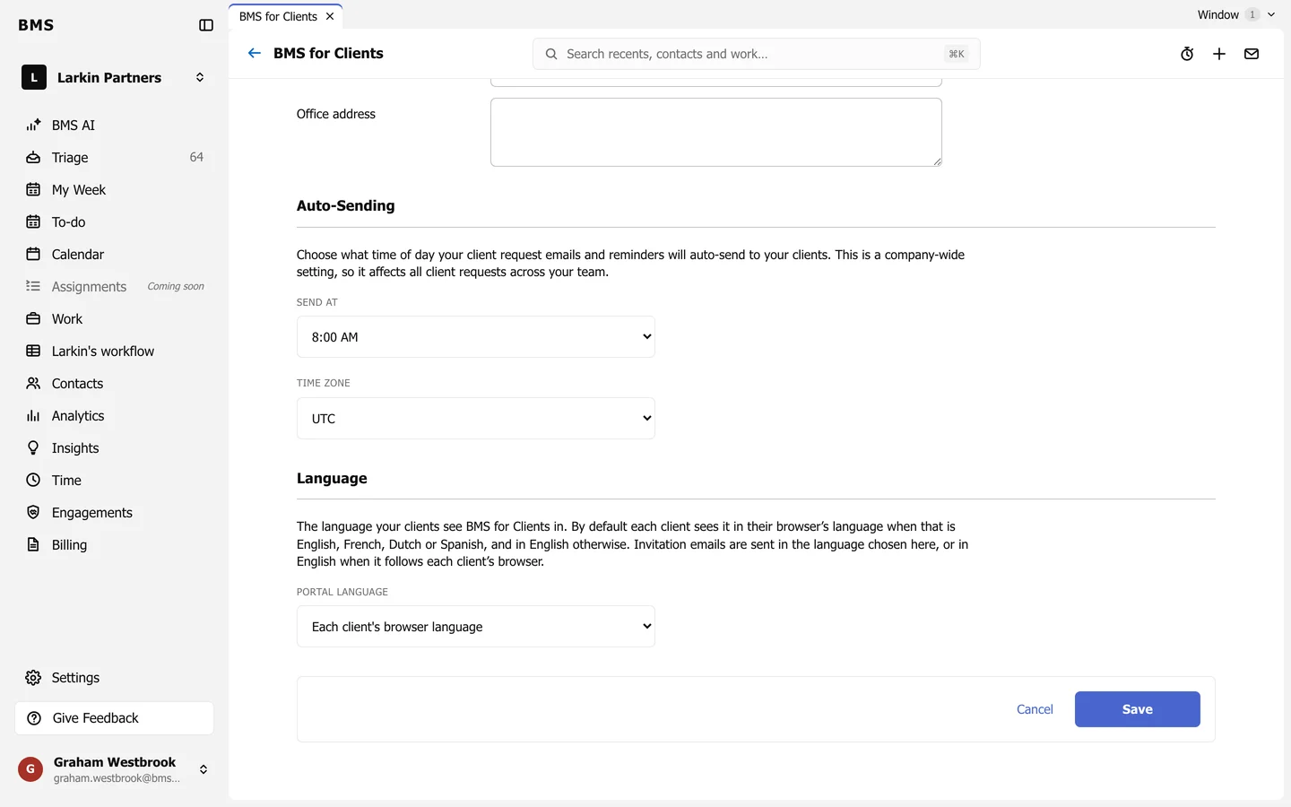 The Language section of Settings, BMS for Clients, with the Portal language menu.
