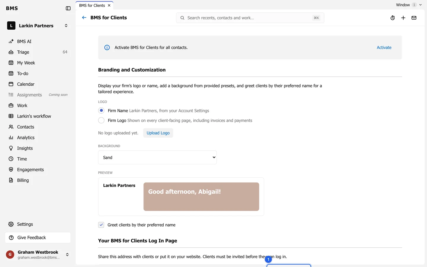 The Your BMS for Clients Log In Page section with Copy to Clipboard ringed, followed by the Security and Two-factor section.